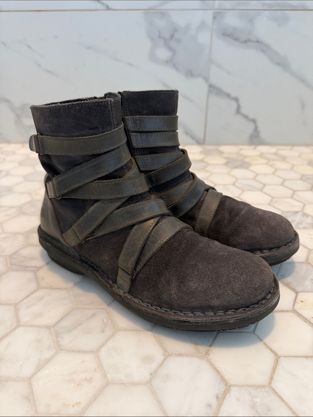 FLY London Leather Mid Boots Felt In Diesel Gray Booties Women’s Size 8